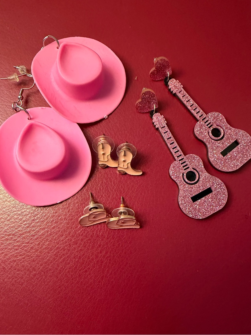 Lot of 4 Dolly Parton-Inspired Pink Cowgirl Earring Sets: Hats, Guitars, Boots